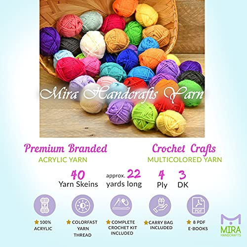 Premium Crochet Yarn Kit | 40 Colorful Acrylic Yarns (875 Yards), All Crocheting and Knitting Supplies for Yarn Crafts, and Books for Design Mira HandCrafts