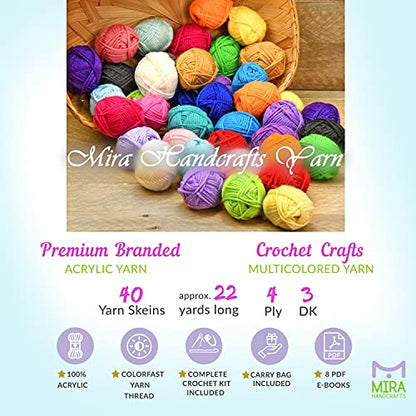 Premium Crochet Yarn Kit | 40 Colorful Acrylic Yarns (875 Yards), All Crocheting and Knitting Supplies for Yarn Crafts, and Books for Design