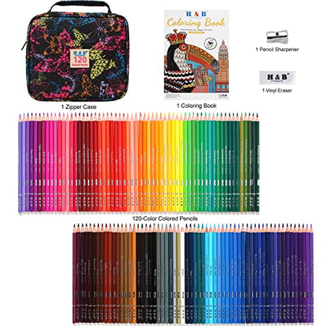 H & B 120-Color Colored Pencils Set with Coloring Book, Eraser, and Sharpener - Perfect for Drawing and Coloring - Soft Oil-Based Cores Ideal for H & B