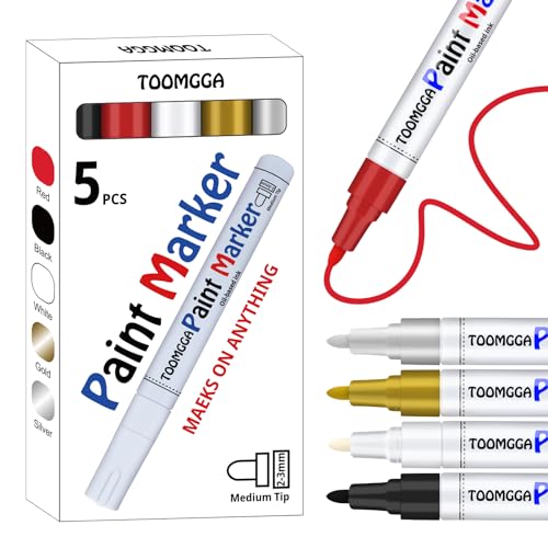 TOOMGGA Permanent Paint Pens - 5 Pack Oil Based Paint Markers, Quick Dry Paint Pens for Rock Painting, Metal, Glass, Fabric, Plastic, Medium Tip - WoodArtSupply