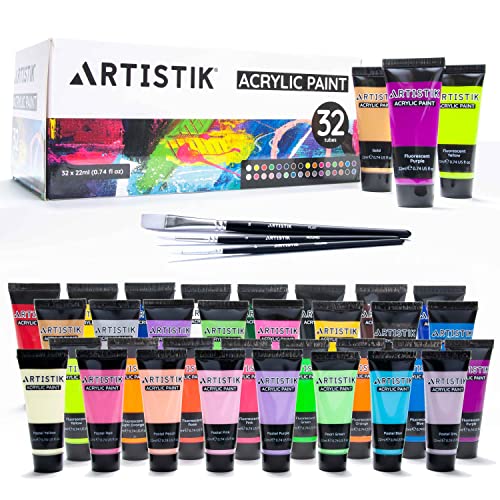 ARTISTIK Acrylic Paint Tube Set of 32-22ml Paint Tubes with 3 Brushes for Adults, Kids and Artists - Non-Toxic Artist Quality Paints for Canvas ARTISTIK