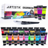 ARTISTIK Acrylic Paint Tube Set of 32-22ml Paint Tubes with 3 Brushes for Adults, Kids and Artists - Non-Toxic Artist Quality Paints for Canvas ARTISTIK
