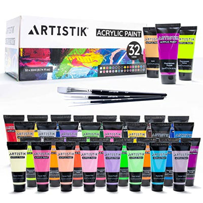 ARTISTIK Acrylic Paint Tube Set of 32-22ml Paint Tubes with 3 Brushes for Adults, Kids and Artists - Non-Toxic Artist Quality Paints for Canvas