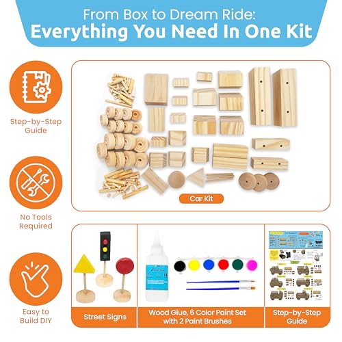 SparkJump Build & Paint Your Own Wooden Cars - Creative & Fun Arts & Crafts for Kids - Woodworking Kit for Kids - Easy to Assemble Wooden Cars to SparkJump