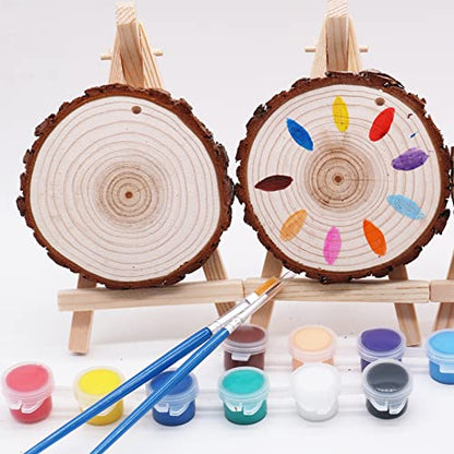 Natural Wood Slices Paint Set Supplies – 10 Pcs 3.5-4 inch Wood Rounds Acrylic Painting Kit, 2 Brushes, Palette - WoodArtSupply