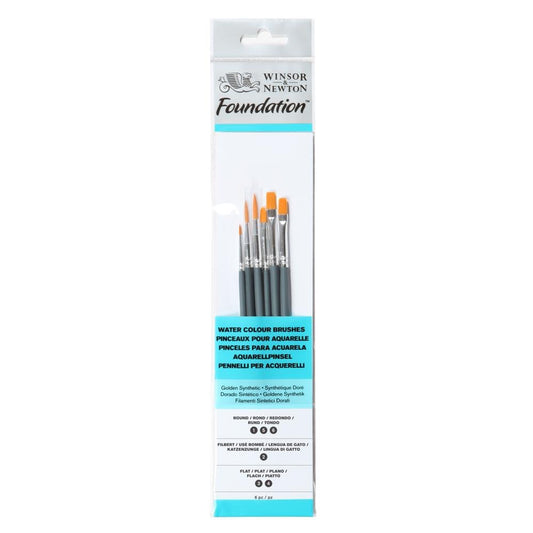 Winsor & Newton Foundation Water Colour Short Handle 6 Pack Brush, 7 x 1 x 4.3 cm, Multicolor - WoodArtSupply