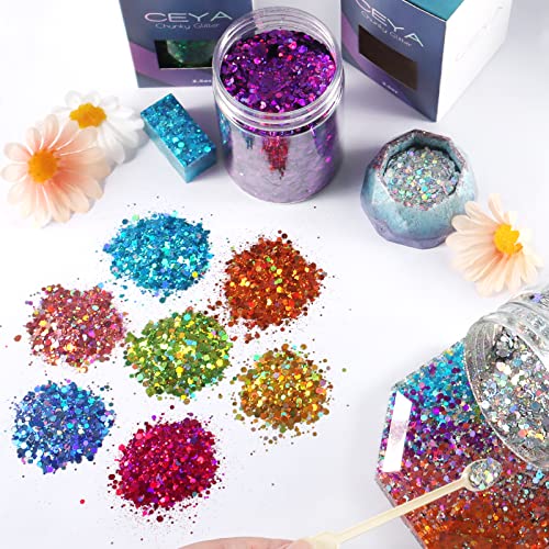 Ceya Holographic Chunky Glitter, 4.2oz/ 120g Purple Craft Glitter Powder Mixed Chunky & Fine Flakes Iridescent Nail Sequins for Nail Art, Hair, Epoxy