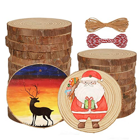 iUoczi Natural Wood Slices 24 pcs 3.5-4.0 Inches Wood Slices for Centerpieces UnfinishedWooden Circles for Crafts Wooden Ornaments for Crafts iUoczi