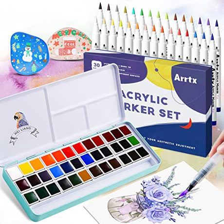 Bundle of MeiLiang Watercolor Paint Set, 36 Vivid Colors with Arrtx 30 Colors Acrylic Paint Pens for Rock Painting, Perfect for Students, Kids, LIGHTWISH