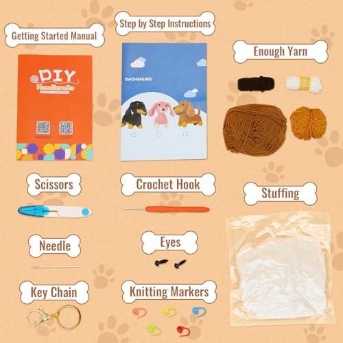 Nikolle Crochet Kit for Beginners with Step-by-Step Video Tutorials Crochet Animal Kit Crochet Starter Kits for Adults Kids - Dachshund(Brown) Nikolle