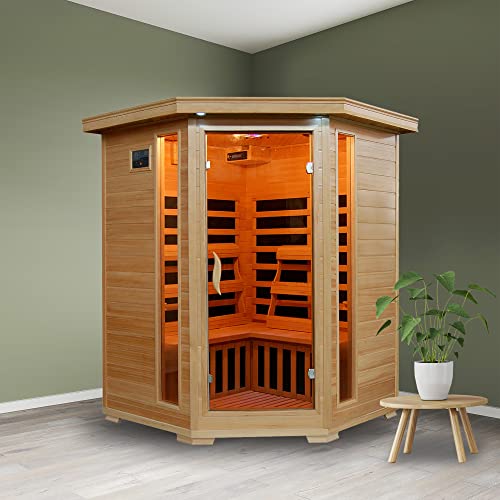 Blue Wave 3-Person Hemlock Corner Infrared Sauna w/ 7 Carbon Heaters,Brown Blue Wave