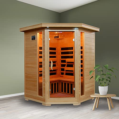 Blue Wave 3-Person Hemlock Corner Infrared Sauna w/ 7 Carbon Heaters,Brown