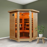 Blue Wave 3-Person Hemlock Corner Infrared Sauna w/ 7 Carbon Heaters,Brown Blue Wave