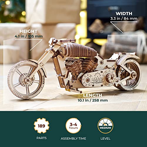 UGEARS Bike DIY Kit – Wooden Mechanical Motorcycle Project – Bike VM-02 Rubber Band Engine – for Vehicle Passionate and Bikers – Plywood Model with UGEARS
