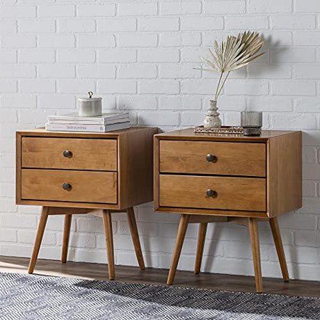 Walker Edison Ella Mid-Century Modern 2-Piece 2-Drawer Solid Wood Nightstand Set, 2 Pack, Caramel Walker Edison