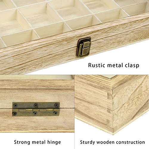 MOOCA Wooden Display Storage Case with Tempered Glass Lid for Jewelry and Beads with 18 Compartments Tray, 15 W x 8 3/8 L x 2 1/8 H in, Oak Color