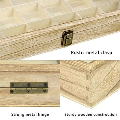 MOOCA Wooden Display Storage Case with Tempered Glass Lid for Jewelry and Beads with 18 Compartments Tray, 15 W x 8 3/8 L x 2 1/8 H in, Oak Color