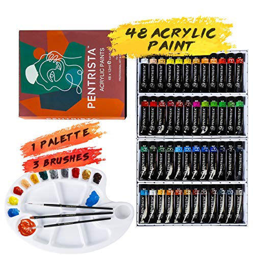 PENTRISTA Acrylic Paint Set,48 Colors Artist Grade Acrylic Paints for Artists,12ml/Tube with 3 Art Brushes & 1 Palette for Beginners and Kids, Craft PENTRISTA