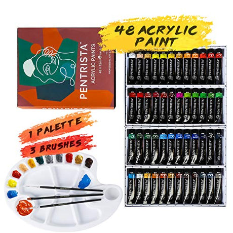 PENTRISTA Acrylic Paint Set,48 Colors Artist Grade Acrylic Paints for Artists,12ml/Tube with 3 Art Brushes & 1 Palette for Beginners and Kids, Craft PENTRISTA