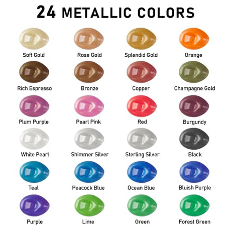 ABEIER Metallic Acrylic Paint, Set of 24 Metallic Colors in 2oz/60ml Bottle, Rich Pigments, Non Fading, Non Toxic Paints for Artist, Beginners & Kids Abeier