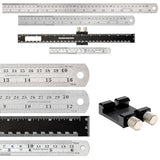 Nokko 4-Piece Woodworking Ruler Set - Woodworking Tools Bundle with 12 Inch Aluminum Slide Rule with Slide Stop, Plus 6", 12" & 16" Stainless Steel NOKKO