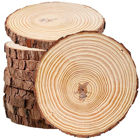 JEUIHAU 10 PCS 6.7-7 Inches Natural Wood Slices with Holes, Unfinished Predrilled Wooden Circles Tree Bark Slice, Blank Wooden Log Circles for DIY JEUIHAU