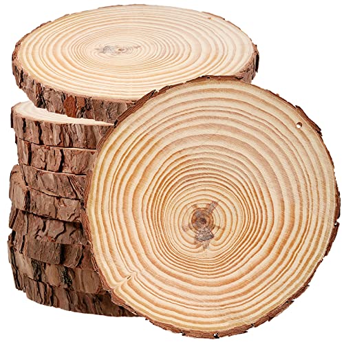 JEUIHAU 10 PCS 6.7-7 Inches Natural Wood Slices with Holes, Unfinished Predrilled Wooden Circles Tree Bark Slice, Blank Wooden Log Circles for DIY