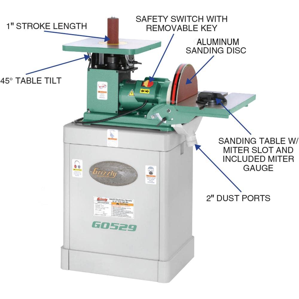 Grizzly Industrial G0529-1 HP Oscillating Spindle / 12" Disc Sander - WoodArtSupply