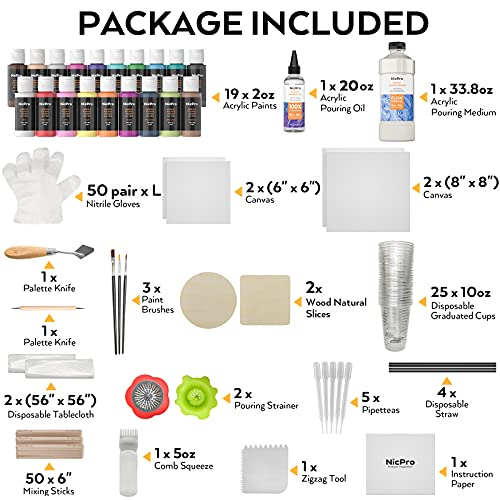 Nicpro Acrylic Pouring Kit, Artist Starter Supplies Including 19 Colors Acrylic Paints,Pouring Medium, Silicone Oil, Canvases, Gloves, Strainers, Nicpro