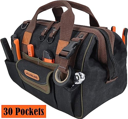 30-Pockets Canvas tool bag, 14-Inch Heavy Duty tool bag, Waxed Canvas tool bags heavy duty, Tool duffel, Lineman tool bag, Electrician tool bag, Tool