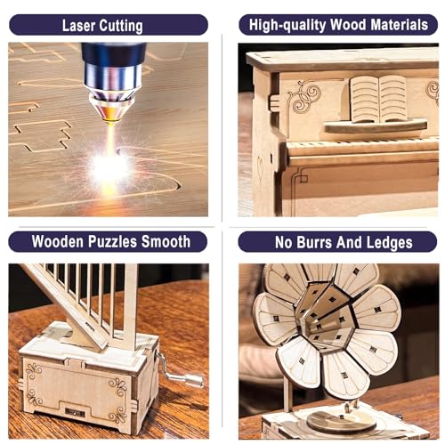 CYAZOO 3in1 3D Wooden Assembly Puzzle Hand Crank Music Box Set Wood Craft Kit-DIY Musical Instrument Model Toy-Home Decoration Best C·YAZOO