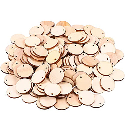 200 Pieces Unfinished Blank Wood Circle Pendants Round Disc Circle Wood Pieces Round Wooden Disk with Hole Small Wooden Pendant for Craft Decoration - WoodArtSupply