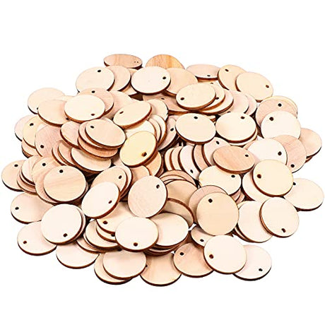 200 Pieces Unfinished Blank Wood Circle Pendants Round Disc Circle Wood Pieces Round Wooden Disk with Hole Small Wooden Pendant for Craft Decoration Jetec