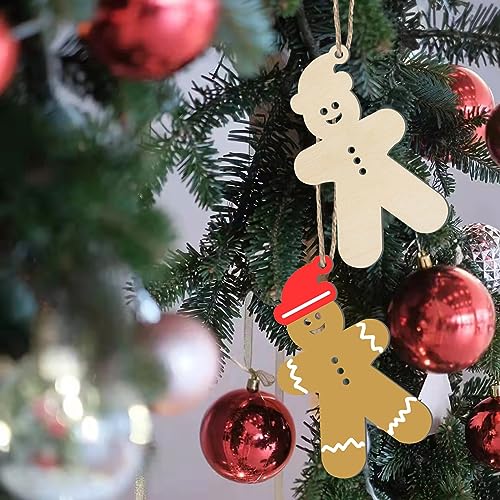 Christmas Hat Gingerbread Man Shape Unfinished Wood Gingerbread Man Blank Wood Pieces Wooden with Twines Art Ornaments for Christmas Wedding Birthday Zontween
