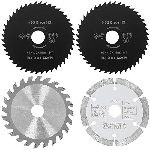 3-3/8 Inch Circular Saw Blade Set Diameter 85mm, 4-Pieces Metal Cutting Circular Saw, TCT/HSS/Diamond Saw Blades for Wood, Plastic, Metal, Tile EATHEATY