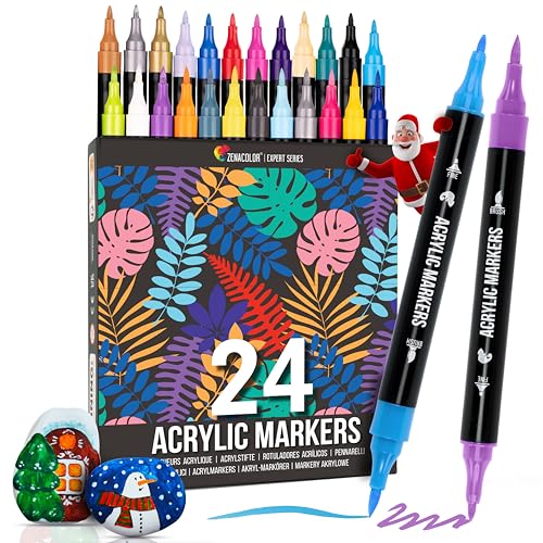 Zenacolor 24 Acrylic Paint Markers - Dual Tip (Fine Brush Tip) - Paint Pens Acrylic Markers for Pens for Wood, Canvas, Stone, Rock Painting, Glass,