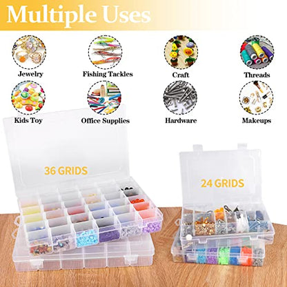 2 Pack 36 Grids Clear Plastic Organizer Box, Storage Container with Adjustable Divider, Craft Organizers and Storage Bead Storage Organizer Box for