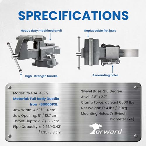 Forward CR40A-4.5In Bench Vise 210 Degrees Swivel Base Heavy Duty with Anvil (4 1/2") Forward