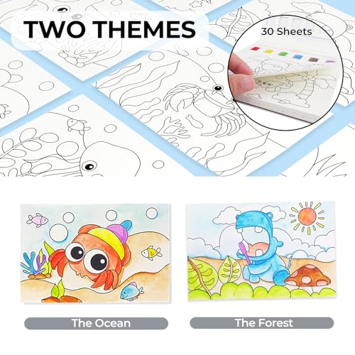 Funto Paint with Water Books, Paint and Postcards for Creative Kids with Embedded Watercolor Half Pans, Watercolor Coloring Books Postcards for