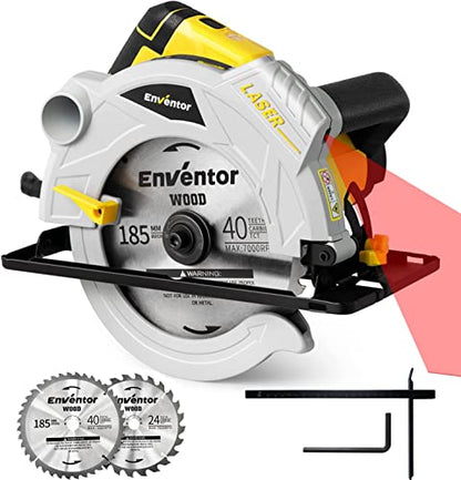 Electric Circular Saw, ENVENTOR Corded 12A Skill Saw 7-1/4-Inch with Laser Guide, 5500 RPM 1500W, Single Handed Bevel, 2 Blade Saws for Wood,