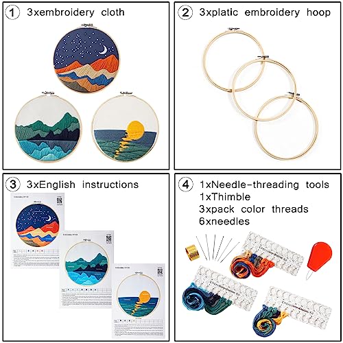 Embroidery Kits for Beginners Adults, Stamped Cross Stitch kits for Adult Beginners Embroidery Starter Kit with Pattern, 3 Embroidery Hoop and Armindou