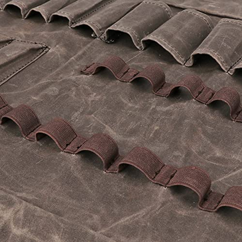 TOURBON Waxed Canvas Tool Roll Up Bag, 25-Pocket Wood Carving Chisel Carrying Case, Multi-Purpose Tool Pouch with Zipped Compartments TOURBON