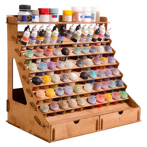 Plydolex Wooden Paint Organizer for 74 Bottles of Paints and 14 Paint Brushes - Paint Rack Organizer with 2 Cabinets for Art Tools and 6 Miniature - WoodArtSupply