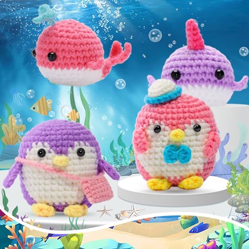 kgxulr Animal Crochet Kit, Knitting Kit for Beginner, Pink Penguin & Purple Whale Crochet Starter Kit for Complete Beginners Adults, Crocheting kgxulr