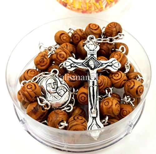 TALISMAN4U CATHOLIC ROSARY NECKLACE Olive Wood Carved Beads With Jerusalem Soil & Cross Crucifix in Gift Box TALISMAN4U