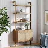 Nathan James Beacon Wall-Mounted Solid Wood Bookshelf with Seagrass Cabinet Fronts Nathan James