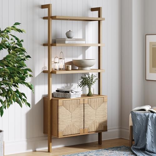 Nathan James Beacon Wall-Mounted Solid Wood Bookshelf with Seagrass Cabinet Fronts - WoodArtSupply