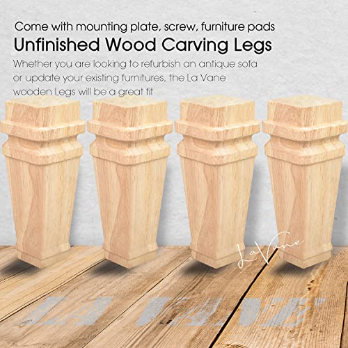 La Vane 6 inch / 15cm Wooden Furniture Legs, Set of 4 Solid Wood Carved Geometry Unfinished Replacement Bun Feet with Mounting Plate & Screws for La Vane