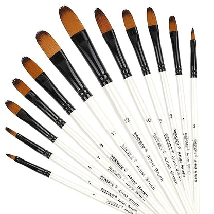 Dainayw 12 PCS Filbert Paint Brushes Set, Artist Brush for Acrylic Oil Watercolor Gouache Artist Professional Painting Kits with Synthetic Nylon Tips - WoodArtSupply