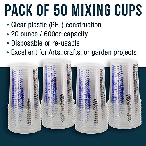 TCP Global 20 Ounce (600ml) Disposable Flexible Clear Graduated Plastic Mixing Cups - Box of 50 Cups - Use for Paint, Resin, Epoxy, Art, Kitchen, - WoodArtSupply